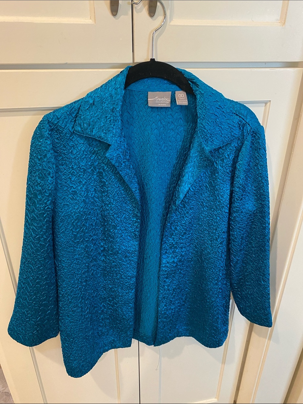 Chico's Travelers Teal Textured Open-Front Jacket